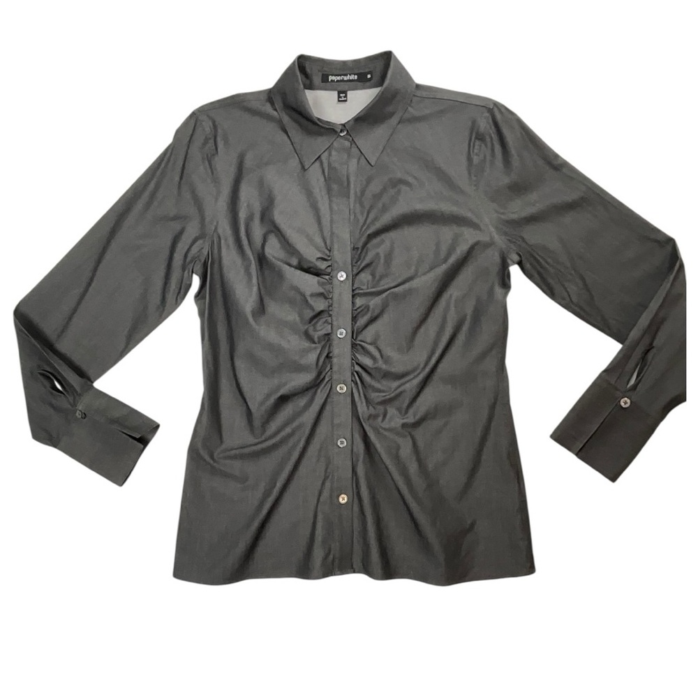 ✨ Chic Paperwhite Ruched ButtonUp Shirt Heathered Black Cotton Silk Blend Size 6